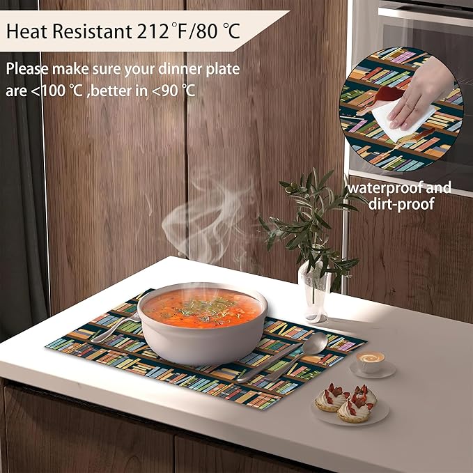 Bookshelf Placemats Set of 6,Library Book Place Mats Heat Resistant Washable Non-Slip Table Mats for Party Kitchen Dining Decor 12x18 Inch