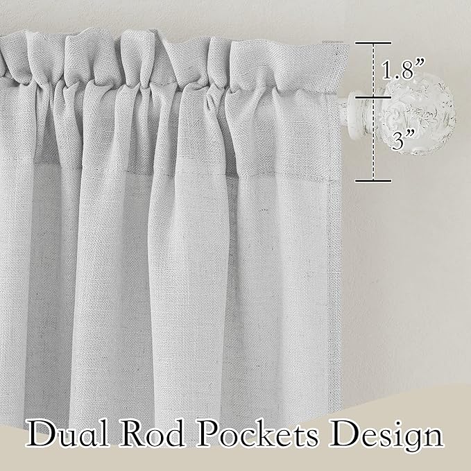 RYB HOME Privacy Sheer Valances for Windows, Semi-Sheer Curtains for Kitchen Small Window Drapes, Dual Rod Pocket & Linen Textured Design, Dove Grey, W 52 in by L 36 in Each Panel, Set of 2