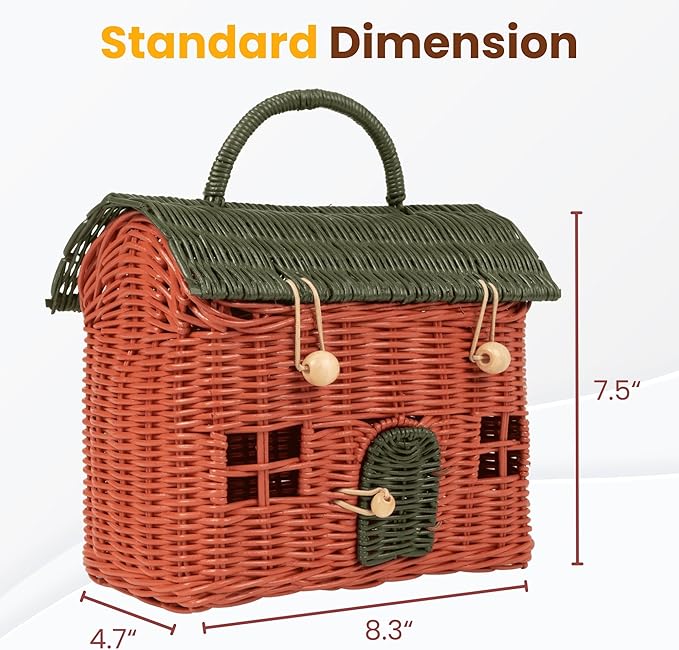 KOLWOVEN Rattan Storage Basket with Lid - Mouse in a Box - Small Doll House - Decorative Hand Woven Shelf Organizer - Cute Handmade Handcrafted Gift Decoration Artwork Wicker (Moss Green)