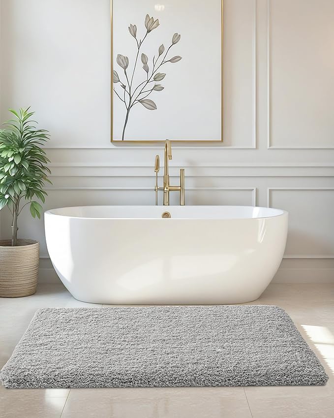 ILANGO Grey Bathroom Rugs 48" × 24" Non Slip & Super Absorbent Extra Thick Soft, Washable Bath Mat for Floor, Microfiber Plush Shaggy Bath Rug with Rubber for Bathtub Shower Room Sink