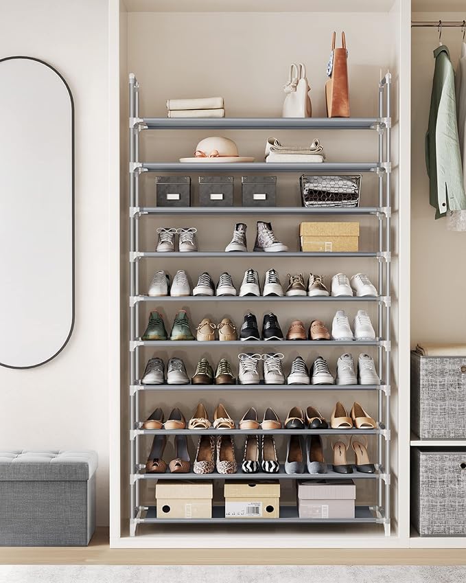 SONGMICS 10-Tier Shoe Rack, Shoe Storage for Hallway Closet, Slim and Space-Saving, Metal Frame, Non-Woven Fabric Shelves, Grey ULSR10G
