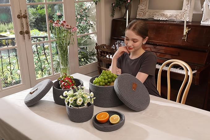 Cottonphant Set of 3 Stylish Round Woven Baskets with Lids - Elegant Storage Solution for Home Decor and Organization - Compact Shelf Baskets (Dark Grey, 10"x6"-8"x5"-6"x4")