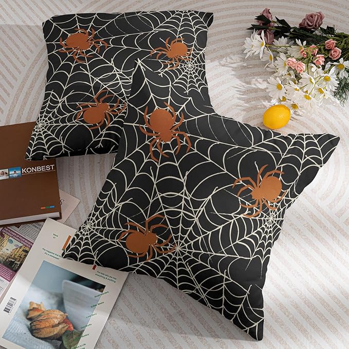 Halloween Spiderweb Pillow Covers 20x20 Set of 2 Black White Spider Web Orange Spider Outdoor Decorative Throw Pillows Scary Farmhouse Pillowcases Linen Cushion Case Decor for Home Sofa Couch Bed