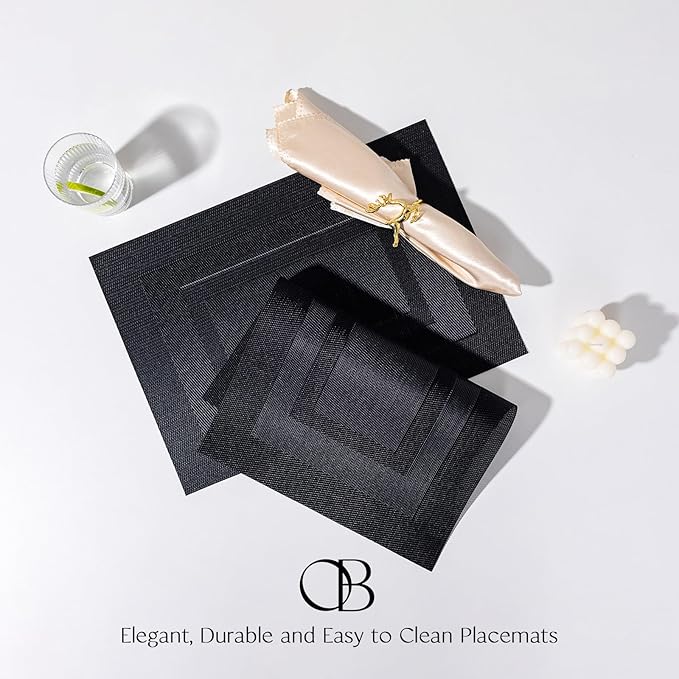 Placemat Set of 4 - Easy Clean Woven Vinyl Placemats for Dining Table, Indoor/Outdoor Place Mats, Washable PVC Table Mats(Black Cube)