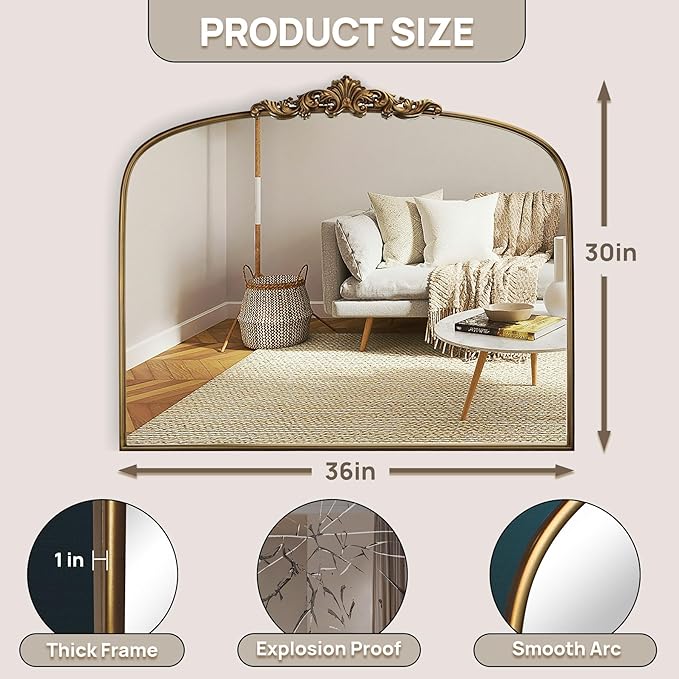 Vintage Gold Ornate Baroque Mirror - 36"X30" Arched Antique Brass Mirror with Full Metal Frame - Ideal for Entryway, Fireplace, Living Room, Hallway, Bathroom