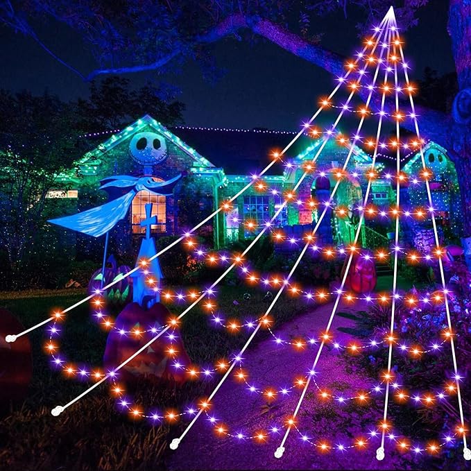 Halloween Decoration Spider Web with 350 LEDs, Adjust Brightness, 8 Light Modes, Giant Light Up Spiderweb 22.96FT(Orange+Purple), Halloween Outdoor Yard Lawn Scary Decor