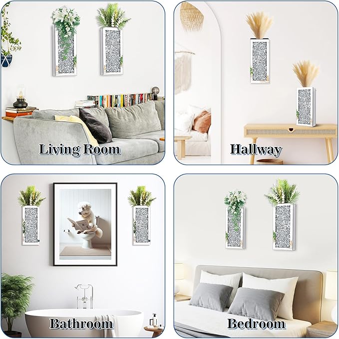 Crushed Diamond Mirrored Wall Vase Crystal Silver Mirror Flower Vase Stunning Decorative Glass Hanging Planter for Home Decor Living Room Dining Room Bedroom.Can't Hold Water(Set of 2)