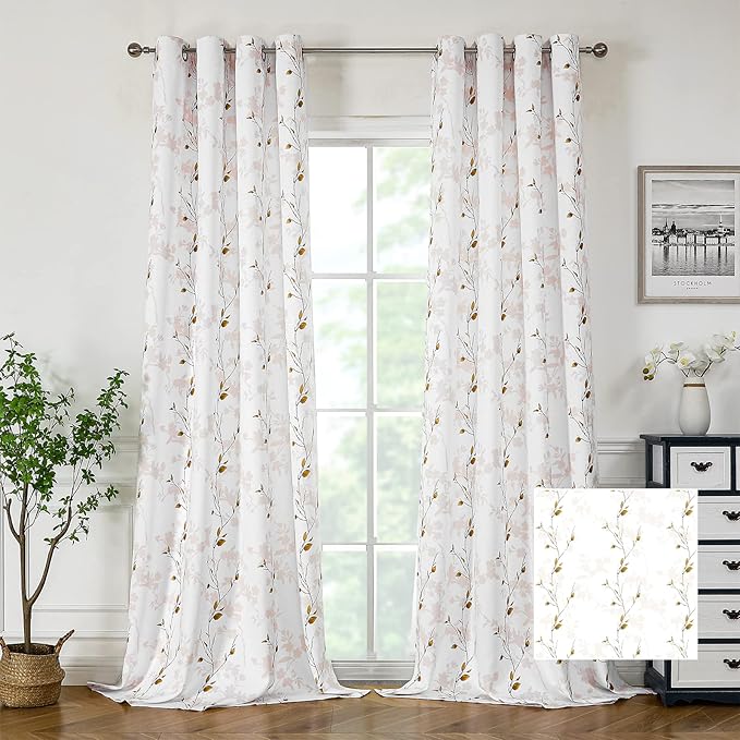 Joydeco Floral Curtains 108 Inches Long for Bedroom 2 Panels, Room Darkening Curtains Patterned Panels for Living Room with Grommet, 80% Blackout Leaf Printed Drapes(Leaf Brown-108)