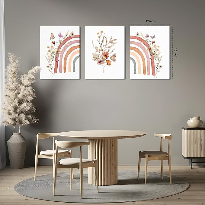AKWISH Boho Wall Decor Set of 3, Rainbow Canvas Wall Art Paintings Prints, Cute Boho Wildflowers Posters Nursery Wall Decor for Kids Room Baby Room Classroom Bedroom Decor 12x16 inch Framed