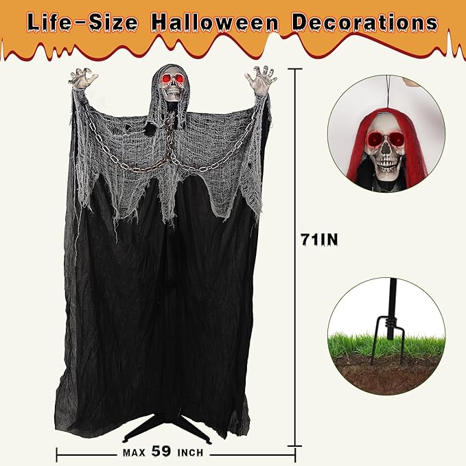 71'' Life Size Halloween Decorations, Halloween Skeleton with Light-Up Eyes & Sound Adjustable Arms Swaying Body Voice/Touch Sensing, Halloween Animatronics for Indoor/Outdoor Yard Lawn Decor, black