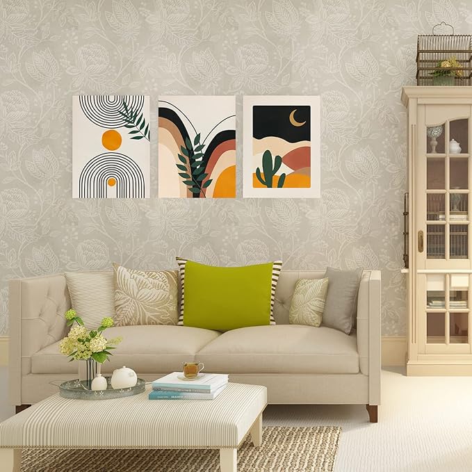 puthiac Boho Wall Art Posters - Set of 3 Framed Canvas Minimalist Neutral Abstract Artwork Modern Boho Home Wall Decor for Office Living Room Bedroom Bathroom Home Decor