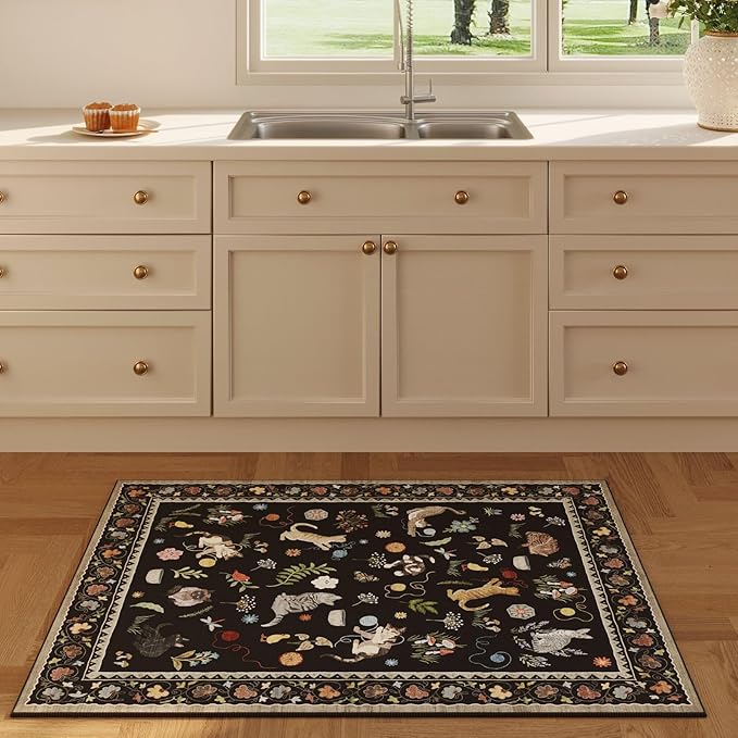 Door Mat Indoor Entrance 2x3 Rug Machine Washable Boho Floral Animal Cat Small Area Rug Non-Slip Low Pile Throw Rugs for Entryway Kitchen Front Door Indoor Entrance Entry Kids Room, Black