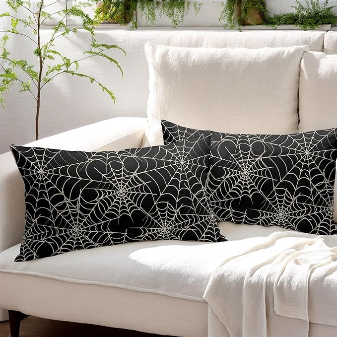 Halloween Spiderweb Pillow Covers 12x20 Set of 2 Black White Spider Web Outdoor Decorative Throw Pillows Halloween Scary Themed Farmhouse Pillowcases Linen Cushion Case Decor for Home Sofa Couch Bed