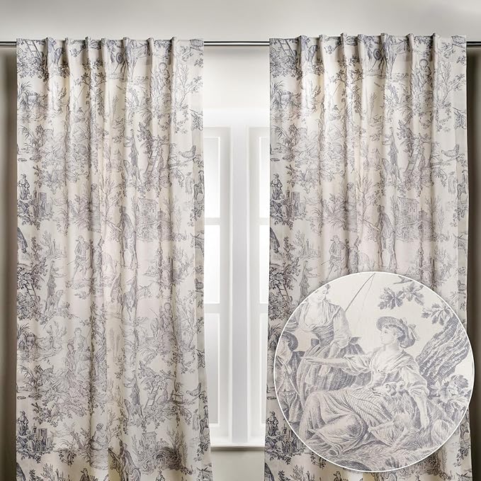 Maison d' Hermine Curtains for Living Room 100% Cotton 124 inch Length Two Panels Light Filtering Toile Curtains for Bedroom Windows with Rod and Loop Pockets (The Miller Paloma Gray, 50" W x 124" L)