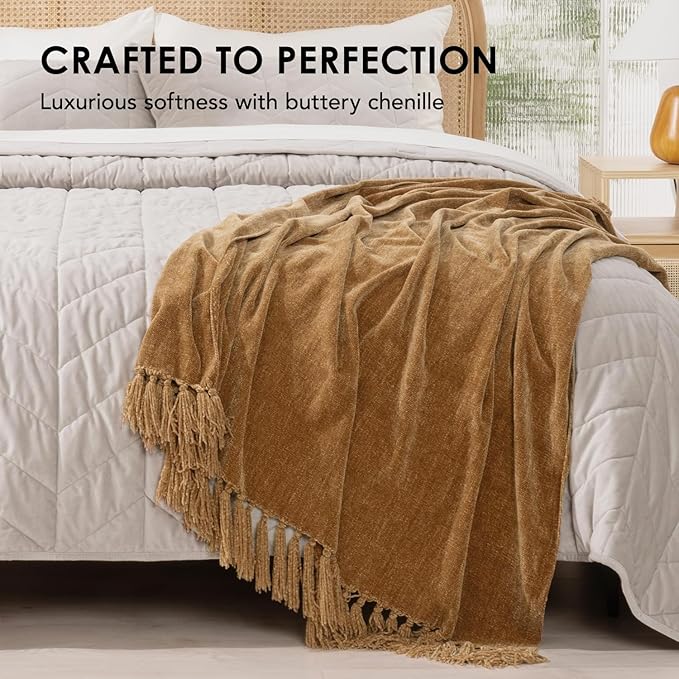 EVERGRACE Soft Chenille Throw Blanket for Couch, Cozy Plush Fuzzy Decorative Chenille Knit Throw Blanket with Tassels, Lightweight Blanket and Throws for Bed Sofa Gift Home Decor, Khaki 50"x60"