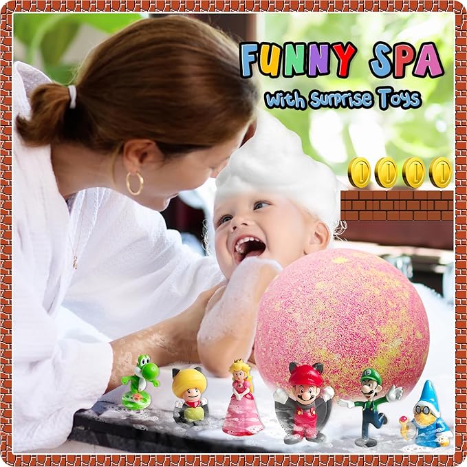 Bath Bombs for Kids: Mario Bath Bombs with Surprise Inside, Easter Bath Rich in Natural Essential Oils, Kids BathBombs Gift Set for Dry Skin Moisturize, Gifts for Toddlers (8 Pcs)