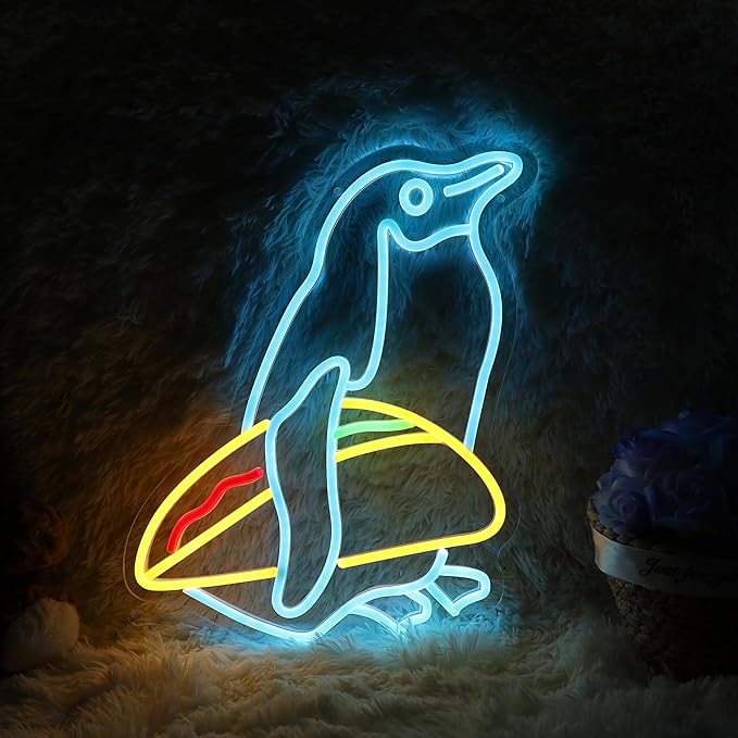 Penguin Tacos Neon Sign Cute Penguin LED Light Up Sign for Nursery Room Wall Decor Man Cave Game Room Penguin Gifts11.9"×15.7"