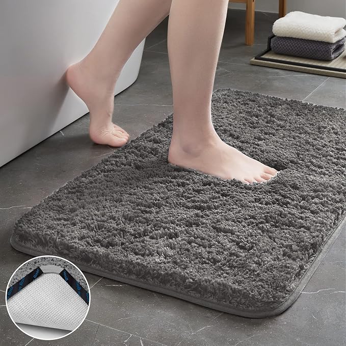 TECHMILLY Non-Slip Bathroom Rugs Sets 2 Piece, Fluffy Soft Luxury Microfiber Shower Mat, Absorbent, Washable & Quick Dry for Bath Floor, Grey