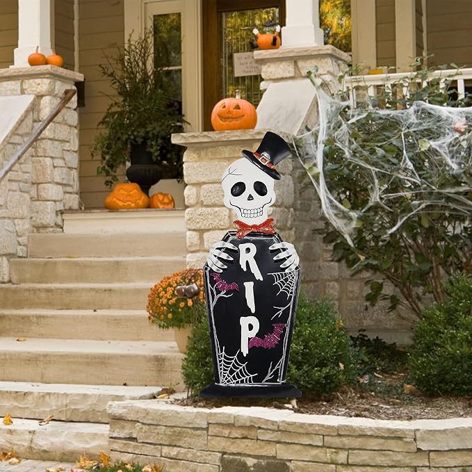 Joliyoou Halloween Yard Stake, 26.4" Solar Lighted Metal Tombstone with Glow in The Dark Ghosts, 18 LED Purple Lights Spooky Yard Sign for Outdoor Front Door Yard Lawn Garden Decorations