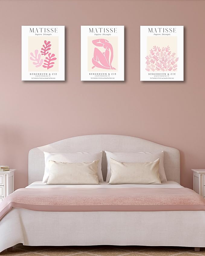 HesenDot Framed Matisse Pink Wall Art Set of 3,Minimalist Wall Decor,12x16IN Canvas Prints,Boho Cute Art Poster Home Decoration for Bathroom Bedroom