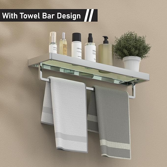 Bathroom Shelves/Glass Shelf Wall Mount 20-in with Towel Bar/Rack Floating Shelves for Bathroom Tempered Glass Rectangular 1 Tier Organizer Wall Shelf (Chrome Polished, 20'')