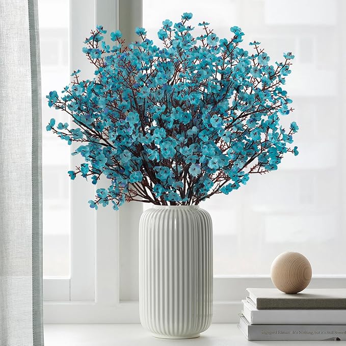 8Pcs Babys Breath Artificial Flowers Silk,Real Touch Peacock Blue Bouquets Flowers for Vase Home Office Wedding Spring Winter Indoor Outdoor Centerpiece Table Decorations