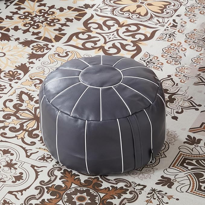 Louis Donné Unstuffed Pouf Ottoman Cover, Faux Leather Foot Stool for Foot Rest, Moroccan Style Pouffe Ottomans, 21" Round Handmade Small Bean Bag Covers for Storage, Footstools for Living Room