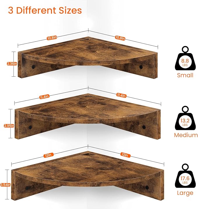 Homode Corner Shelf Wall Mount, Set of 3 Floating Corner Shelves with Cord Hole, 3 Tier Wood Wall Display Shelf, Storage for Bathroom Living Room Kitchen Bedroom, Rustic Brown and Black