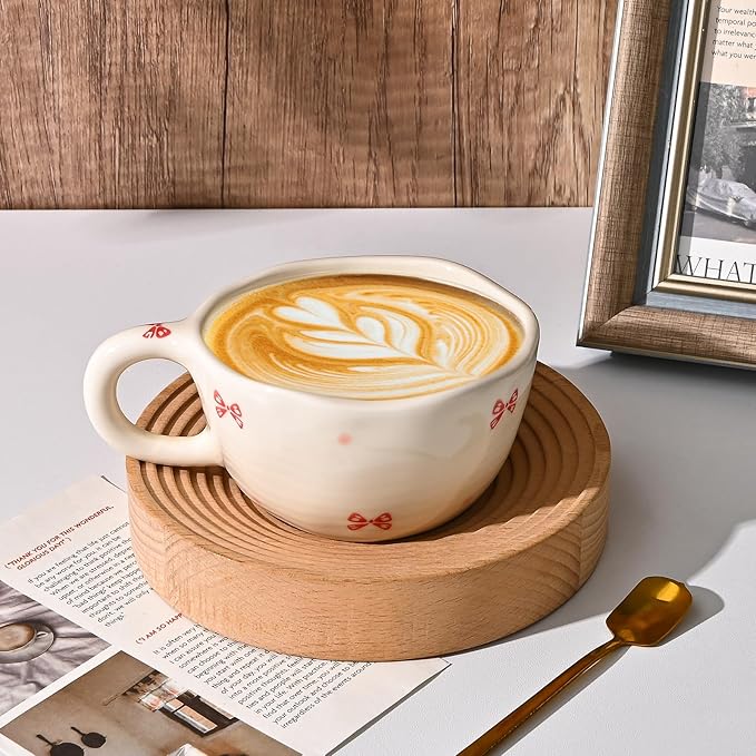 Koythin Ceramic Coffee Mug, Handmade Hot Chocolate Mugs, Cute Cup for Girl Women, Aesthetic Tea Milk Cup with Handle, 8.5 oz/250 ml for Latte, Cocoa, Office, Home (Dot Blue Flower)