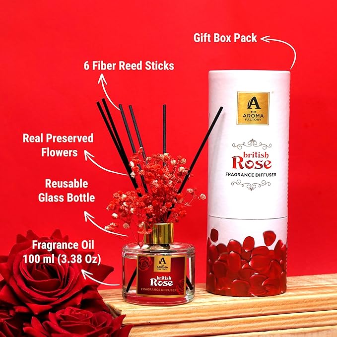 The Aroma Factory Fragrance Reed Diffuser Set with Natural Essential Oil, Aroma Sticks & Real Preserved Flowers | Luxury Home Decor Scent (British Rose, 1 Pack)