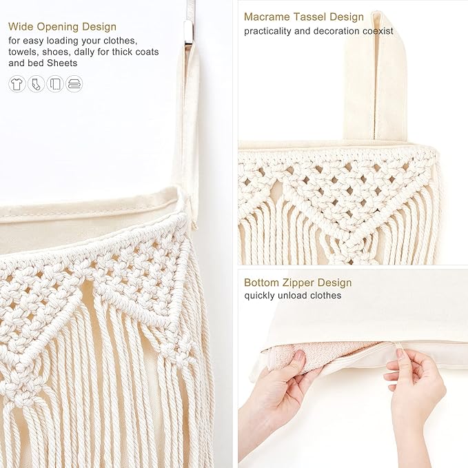 Mkono Macrame Hanging Laundry Hamper with Over The Door Hooks Saving Space Laundry Bag with Zipper and Wide Open Top Boho Decor Hanging Dorm Dirty Clothes Basket, for Bathroom Dorm Home Travel