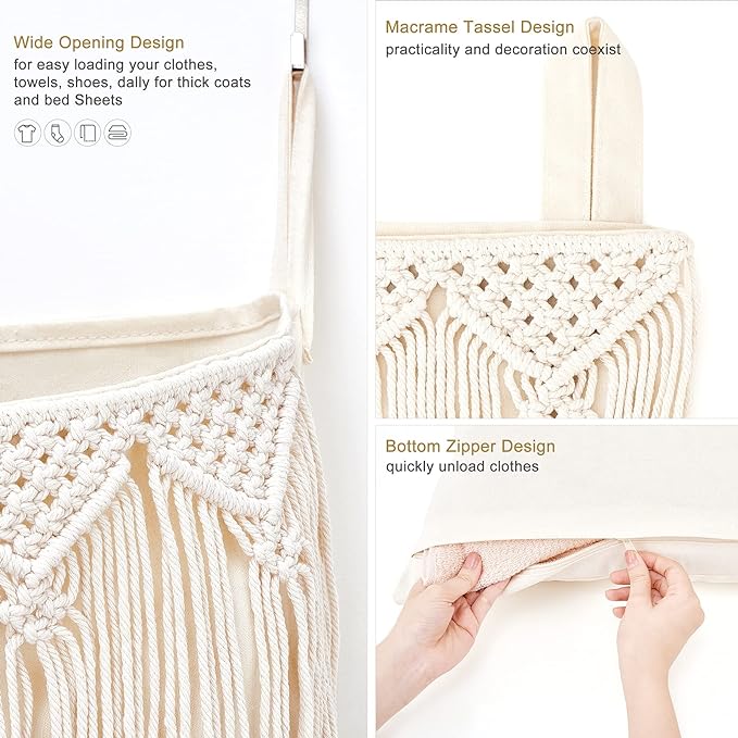 Mkono Macrame Hanging Laundry Hamper with Over The Door Hooks Saving Space Laundry Bag with Zipper and Wide Open Top Boho Decor Hanging Dorm Dirty Clothes Basket, for Bathroom Dorm Home Travel