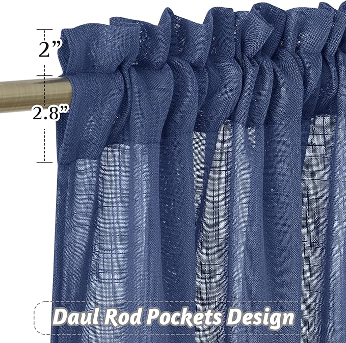 RYB Home Linen Sheer Curtains - Linen Textured Wave Semi Sheer Curtains Light & Airy for Bedroom Bathroom Kitchen Window Decor, Navy Blue, Wide 52 x Length 45 inch, 2 Panels