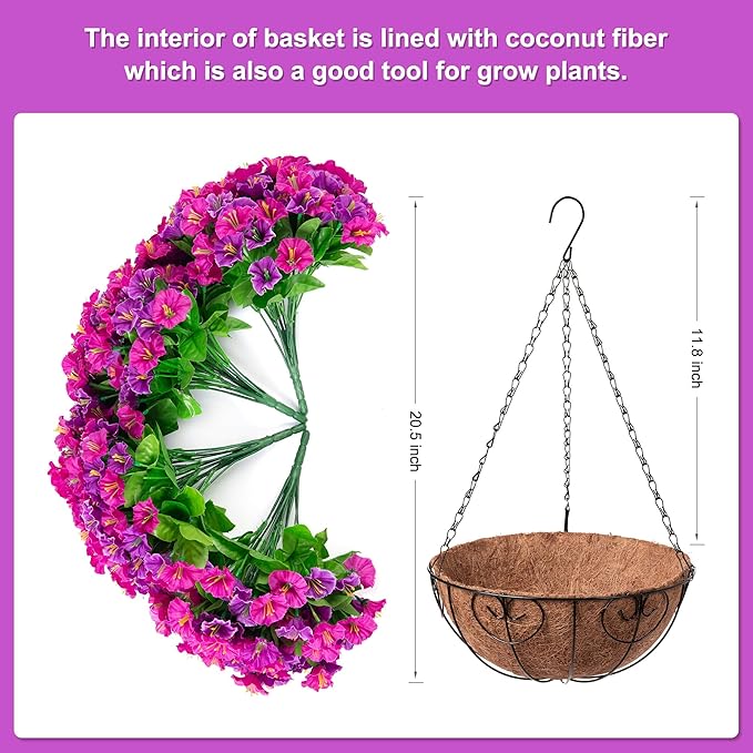 Artificial Hanging Flowers with Basket, Faux Silk Petunias Flower Arrangement, Coconut Lining with Morning Glories Fake Plants Patio Garden Porch Deck Spring Summer Decor(Lotus and Fuchsia)