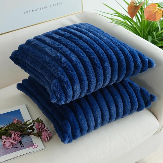 JOJUSIS Pack of 2 Faux Fur Plush Decorative Throw Pillow Covers Couch Cushion Case Soft Pillowcases (Navy Blue, 22 x 22-Inch)