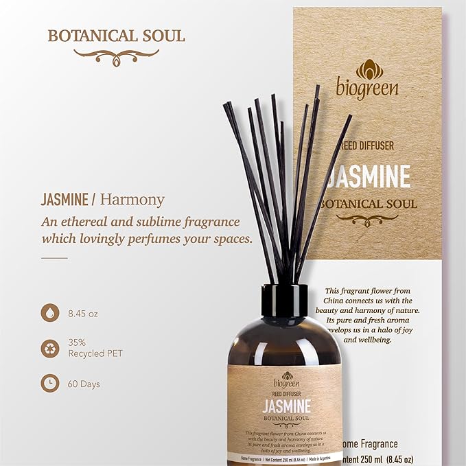 | Reed Diffuser | Jasmine | Botanical Soul | Bathroom Decor | Air freshener | 8.45 Ounce |