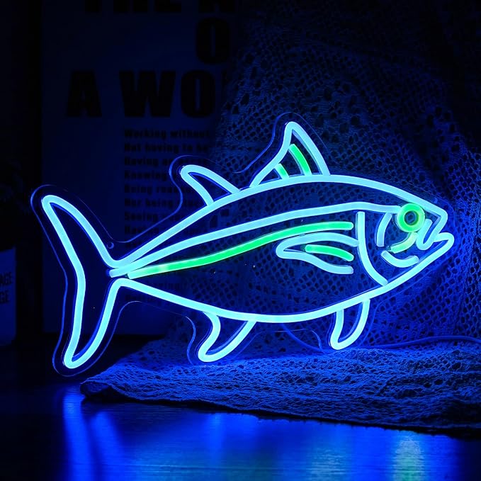 Tuna Neon Sign Blue Green Fish Neon Lights Signs for Wall Decor Dimmable Led Signs for Bedroom Living Room Restaurant Office Birthday Gifts(16.9’’X9.6’’)
