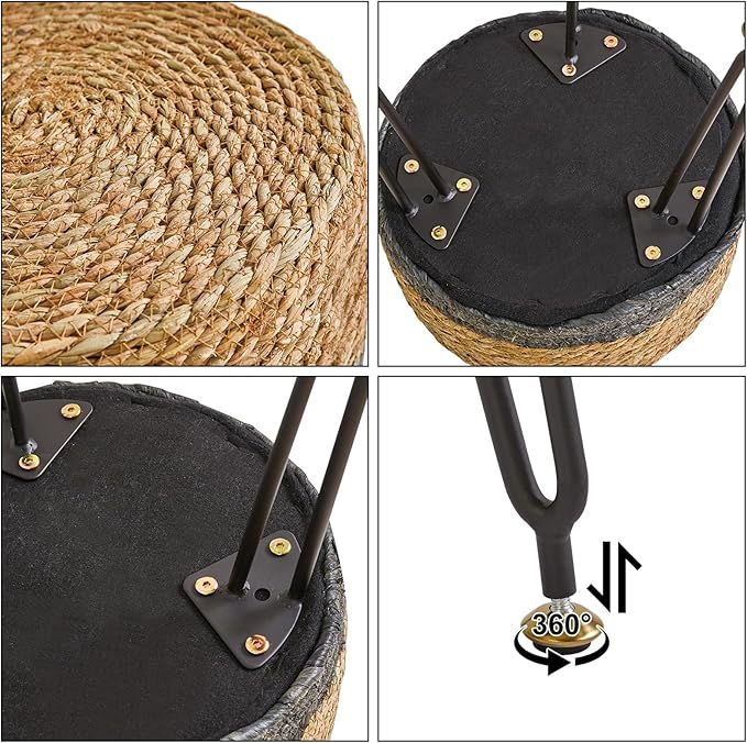 YMYNY Pouf Ottoman, Handmade Natural Water Hyacinth, Pastoral Style Footrest, Footstool with 4 Metal Legs Round Vanity Stool for Bedroom, Hallway, Living Room 12.59"L×12.59"W×17.71"H Black UHBD029B