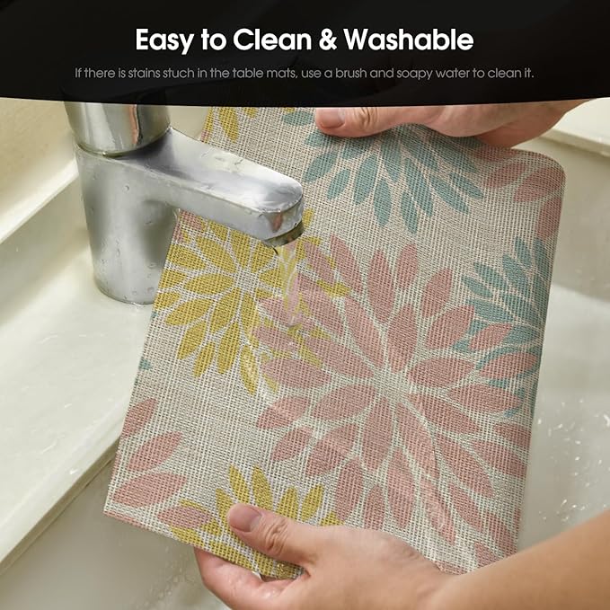 Artoid Mode Floral Vinyl Placemats Set of 4, 12x18 Inch Heat Resistant Washable Non-Slip Plistic PVC Place Mats for Party Kitchen Dining Decor, Pink Blue