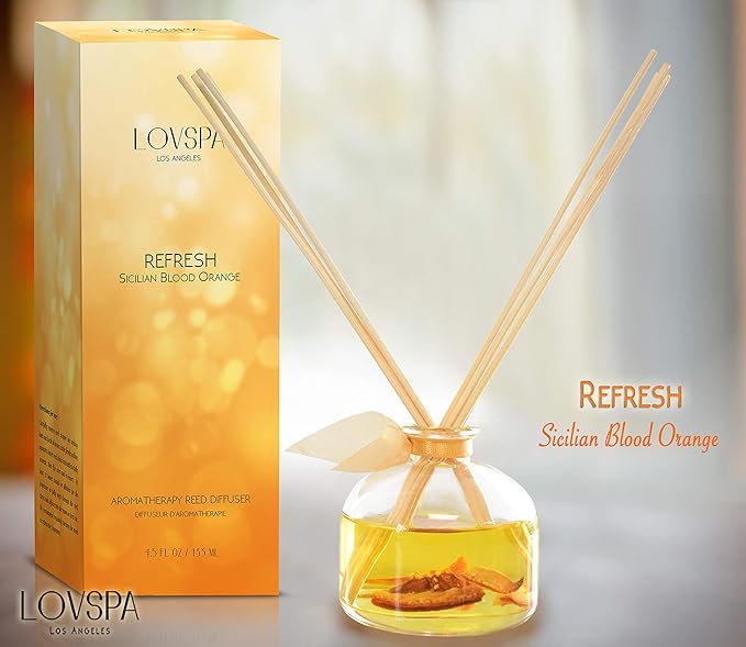LOVSPA Refresh Sicilian Blood Orange Citrus Essential Oil Reed Diffuser Set with Real Orange Pieces! Aromatherapy Fragrance Room Air Freshener
