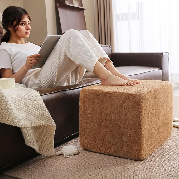 Tiita Pouf Ottoman and Foot Rest, Square Foam Stuffed Floor Pouf with Storag for Living Room, Brown