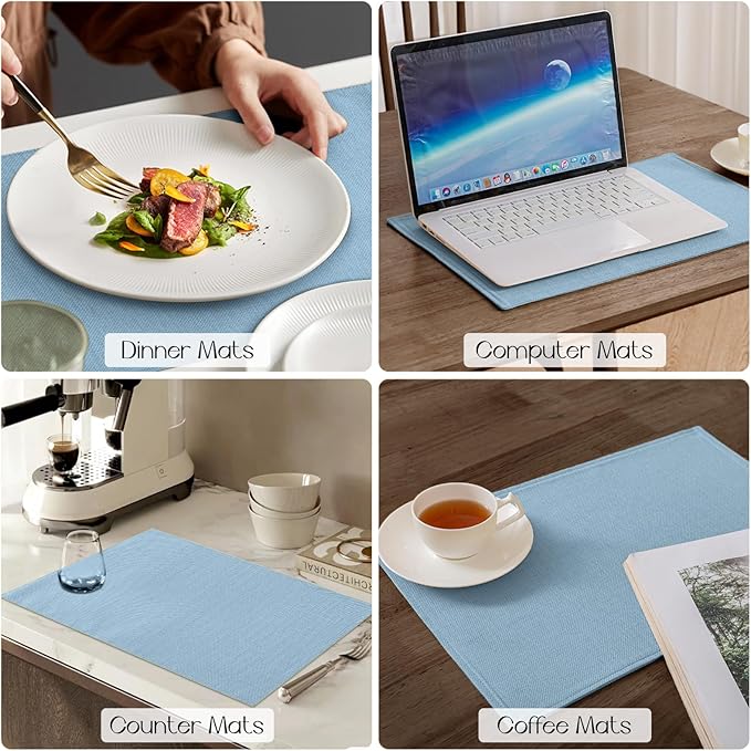 Romanstile Cloth Placemats Set of 6-12 x 18 Inch, Heat Resistant Double Layered Thickened Burlap Place Mats, Washable Faux Linen Farmhouse Table Mats for Kitchen/Dining/Party/Outdoor, Blue
