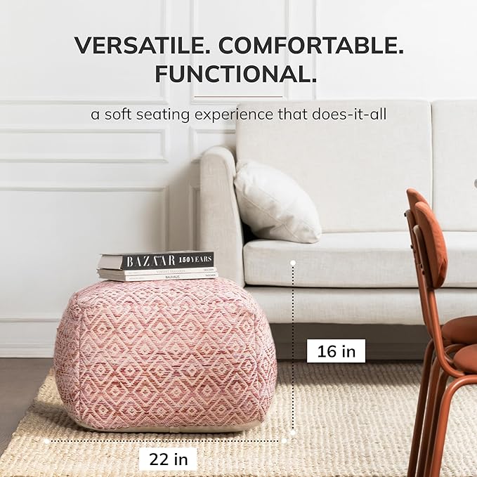 Anji Mountain 100% Handmade & Handcrafted Comfortable Home Décor Pouf Ottoman Footrest for Living Room, Bedroom, Nursery, Kidsroom, Patio Furniture - (22" x 22" x 16"- Pink,Beige)