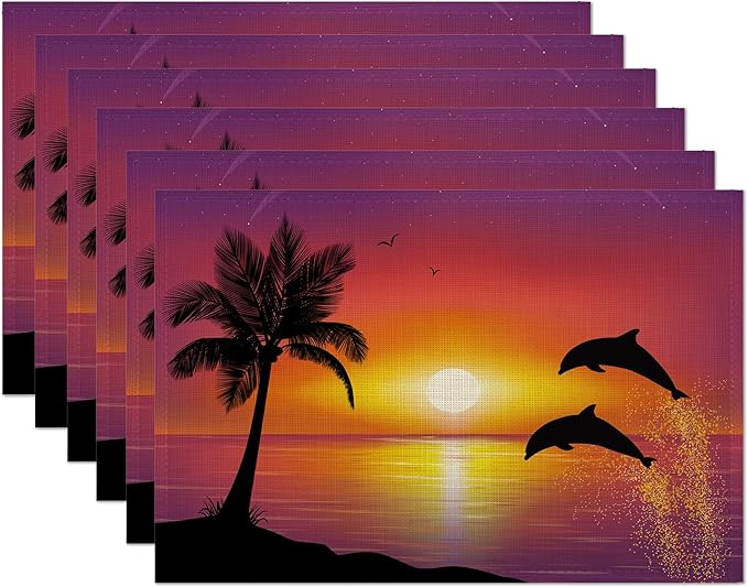 Dolphins Placemats Set of 6,Palm Tree Sunset Place Mats Heat Resistant Washable Non-Slip Table Mats for Party Kitchen Dining Decor 12x18 Inch