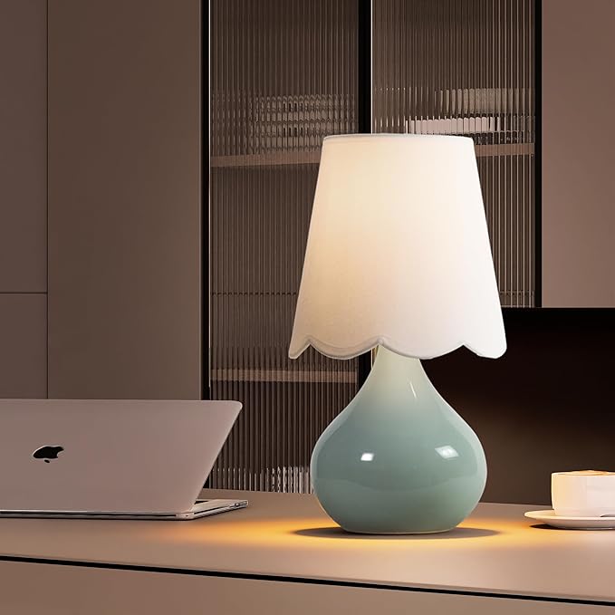 Ceramic Table Lamp,14''Small Bedside Lamp for Girls Bedroom, UL Certified, Desk Lamp with Handcrafted Ceramic Base & Linen Shade for Desk, Bedside Table, Cozy Teens Room Decor