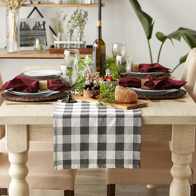 DII Heavyweight Fringed Check Tabletop Collection, Table Runner, 14x72, Mineral