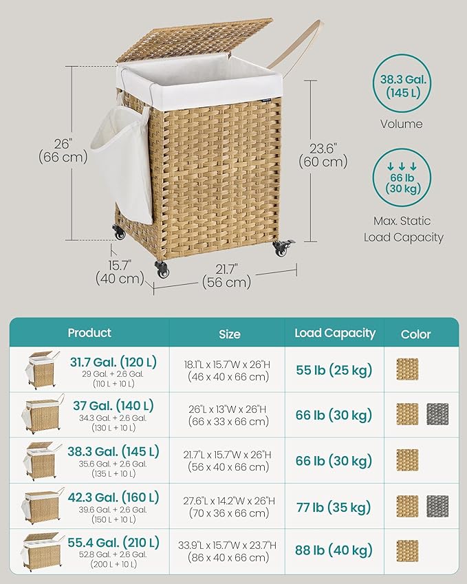 SONGMICS Laundry Hamper with Lid, 38.3 Gallons (145 L), Rolling Laundry Basket with Wheels, 2-Section Synthetic Rattan, Removable Liner, Bedroom, 21.7 x 15.7 x 26 Inches, Natural Color ULCB262Y01