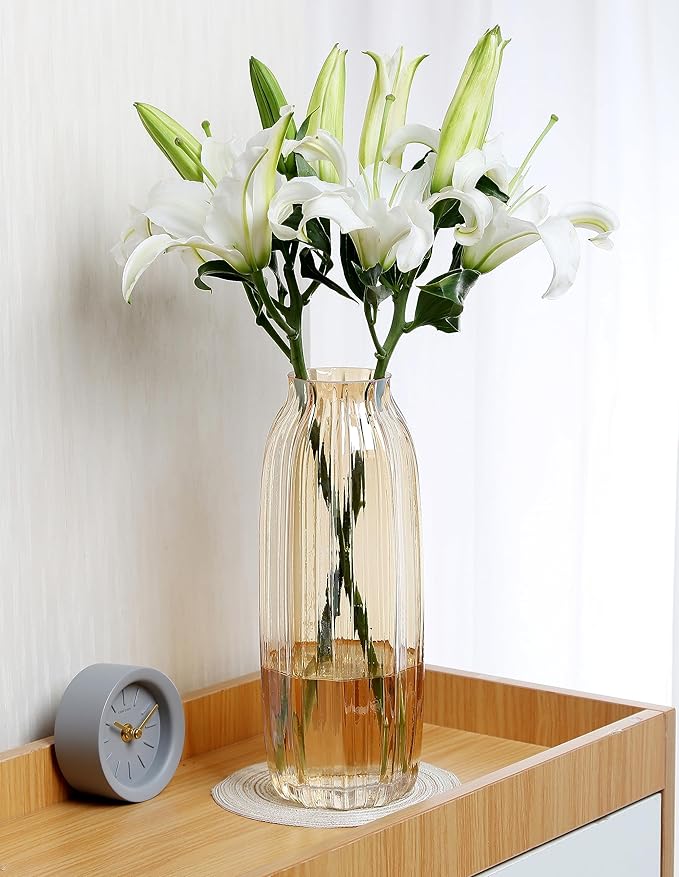 Large Amber Glass Vase for Flowers Brown Tall Glass Vases,H-12.6" Simple Striped Design for Home Floor Decor,Farmhouse Decor, Centerpiece Coffee Table Decorations