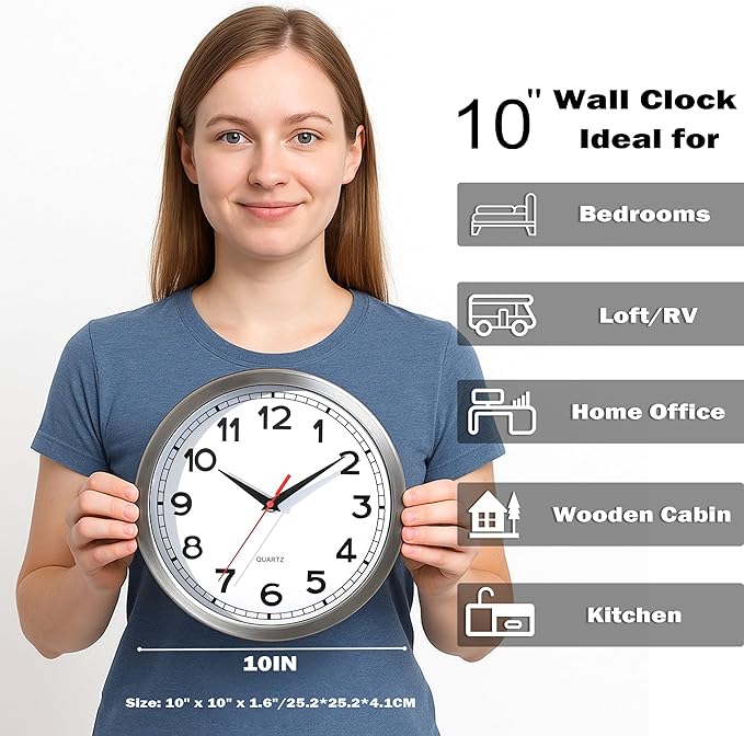AYRELY® Wall Clock – 10 Inch Metal Decorative Modern Analog Clock, Silent Non-Ticking Battery Operated Small Classic Wall Clocks for Kitchen, Living Room, Bedroom, Office, Bathroom(Classic-10in)