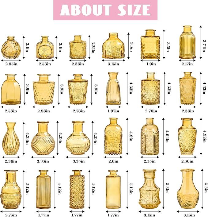 Amber Gold Glass Bud Vases Set of 24, Vintage Small Vases for Flowers, Clear Crystal Mini Style in Bulk, Small Flower Glass for Centerpieces Wedding Decorations Home Party Decor